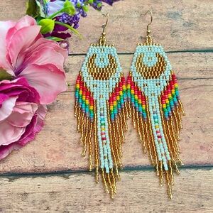 Gold and White Intricate Fringe Earrings